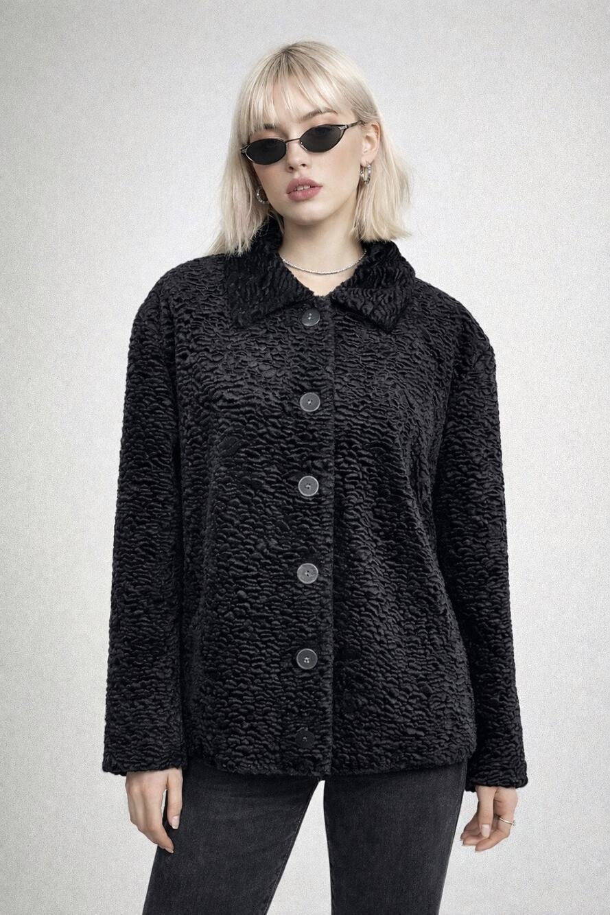 Vintage Rena Rowan Faux Persian Lamb Coat Women’s 20W Black Astrakhan Jacket